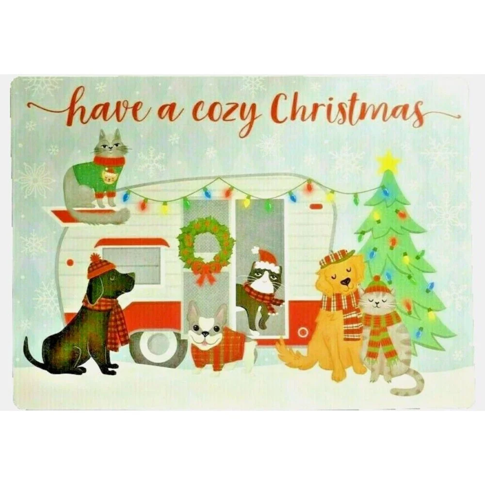 Have A Cozy Christmas Placemats Dogs Cats Camper RV Set of 4 Vinyl Foam Back